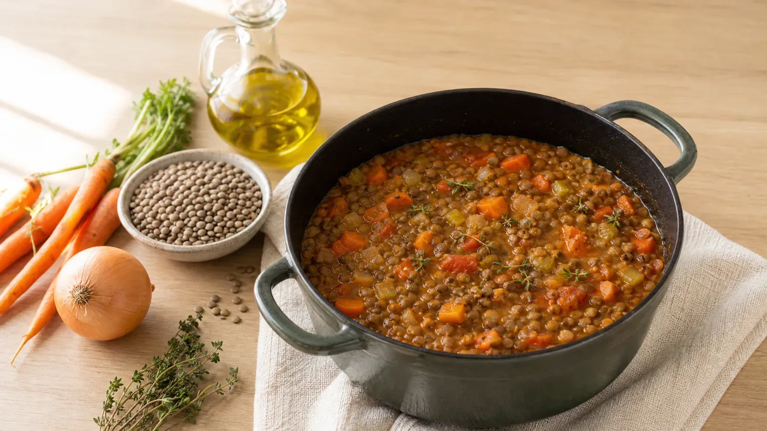 A pot of finished stew on a wooden counter surrounded by the raw ingredients used to cook it