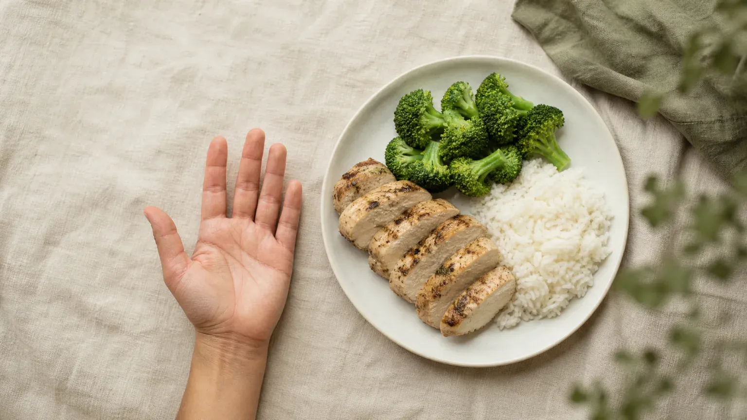 An open palm resting on linen beside a plate of sliced chicken, white rice and broccoli, at roughly the same size as the protein portion