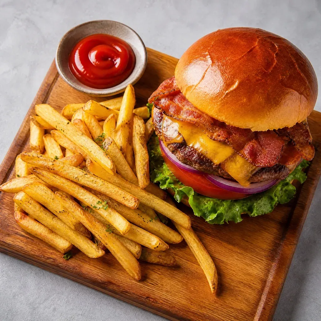 A burger and fries being logged as calories and macros