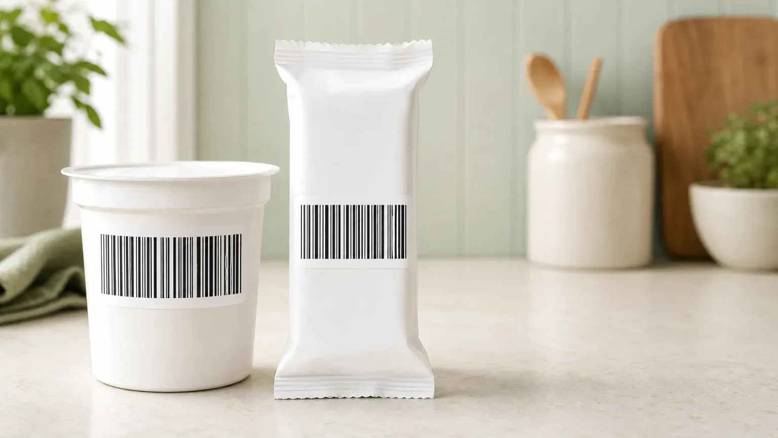 A plain white yogurt pot and a wrapped snack bar standing on a kitchen counter, each showing a barcode label facing the camera