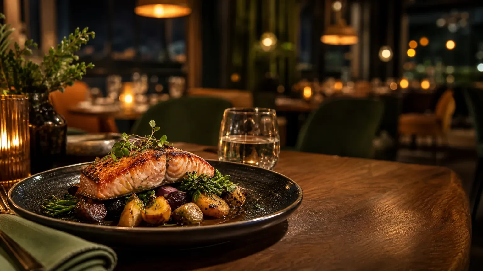 A seared salmon main on a dark ceramic plate on a wooden restaurant table, with the warm blurred lights of a dining room behind it